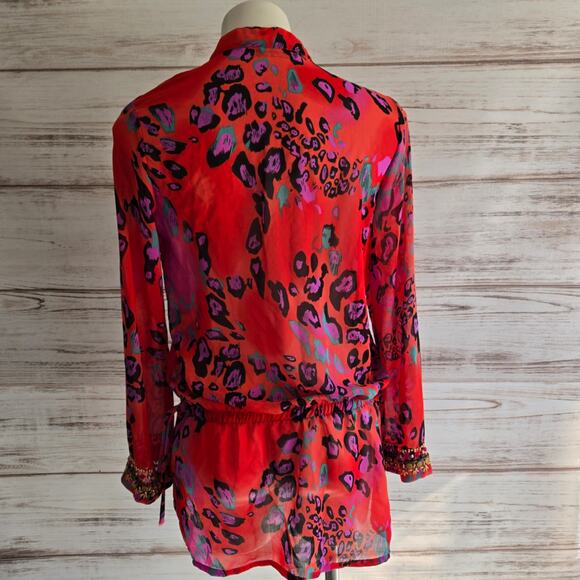 Paradise Orange Red Leopard Print Sheer Cinches Waist Tunic Sz Small - Picture 2 of 8